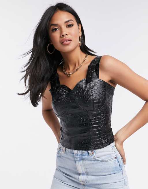 Missguided faux leather croc top with buckle detail in black, 4 of 4