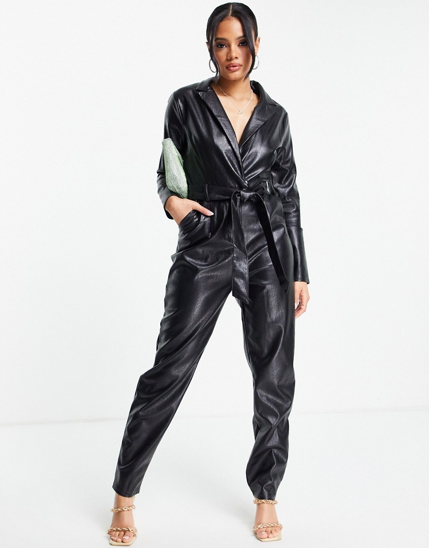 Missguided faux leather long sleeve wrap jumpsuit with collar in black