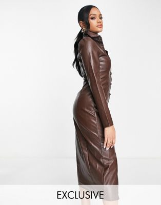 Missguided faux leather midi dress in brown