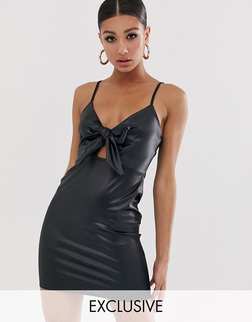 Missguided faux leather mini dress with tie front in black