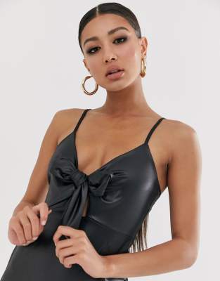 Missguided faux leather mini dress with tie front in black | ASOS