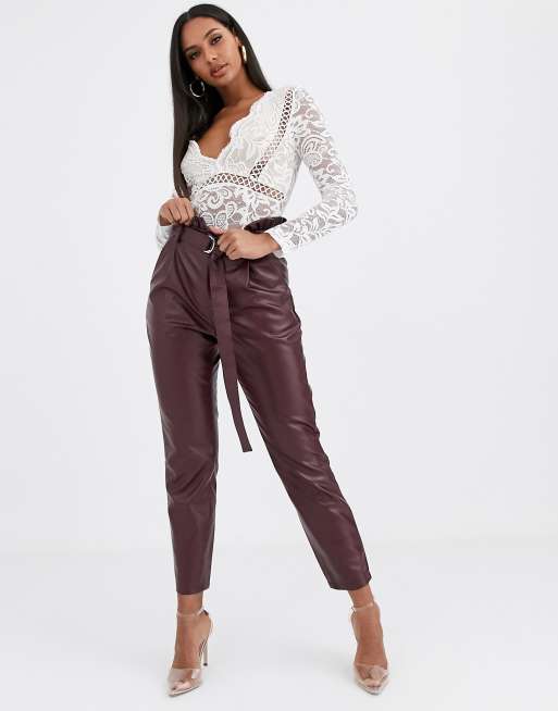 Missguided faux leather paperbag waist pants in burgundy