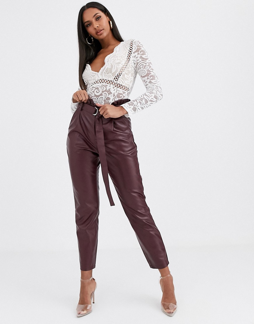 Missguided faux leather paperbag waist trousers in burgundy-Red