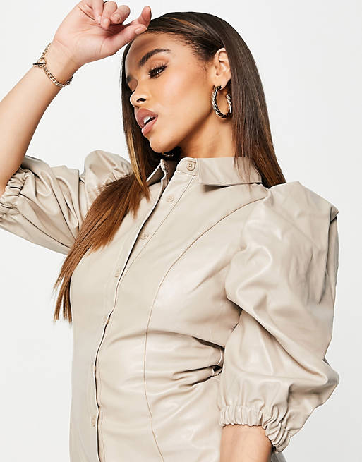  Missguided faux leather puff sleeve shirt mini dress in stone 