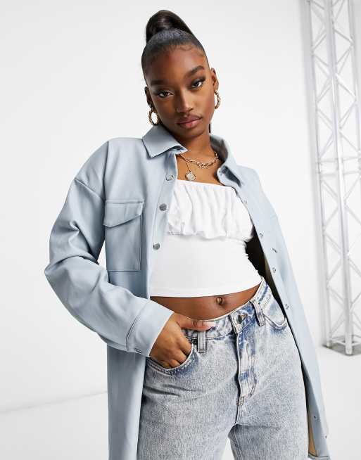 Missguided faux leather shacket in blue ASOS