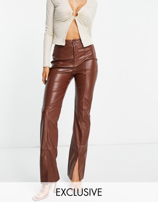 Missguided faux leather split hem trousers in brown
