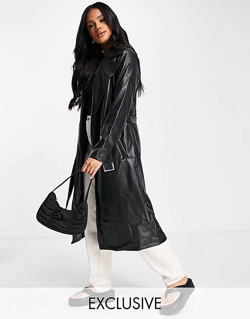 Missguided faux leather trench coat in black