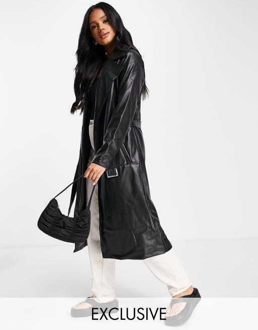 Missguided faux leather trench coat in black | ASOS