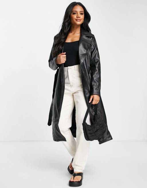 Missguided faux leather trench coat in black