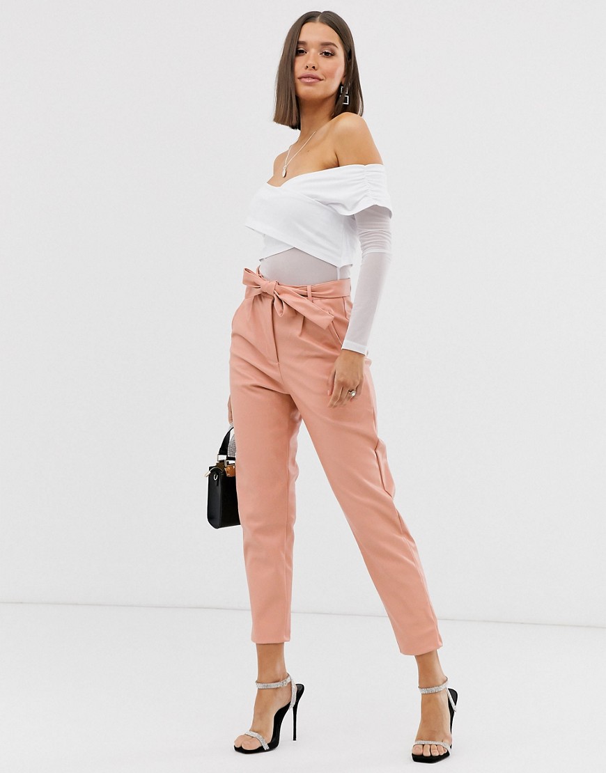 Missguided faux leather trousers with tie waist in peach-Pink