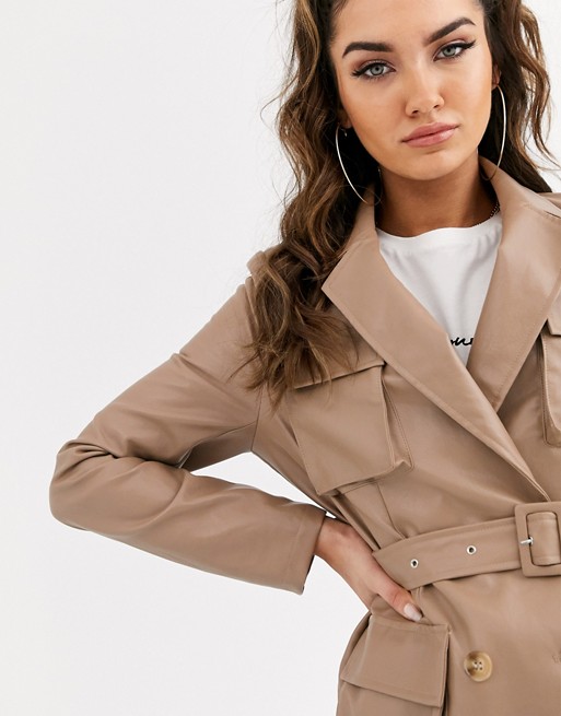 Missguided faux leather utility blazer in sand