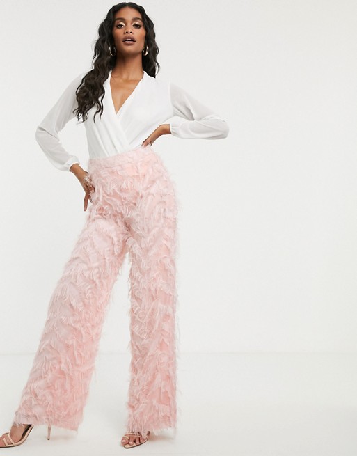 Missguided feather look wide leg trousers in pink