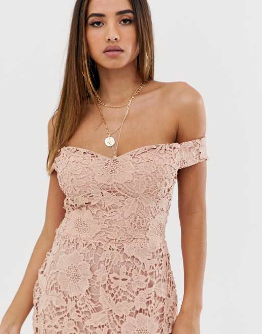 Missguided Figurbetontes Bardot Kleid Mit Spitze In Nude Asos