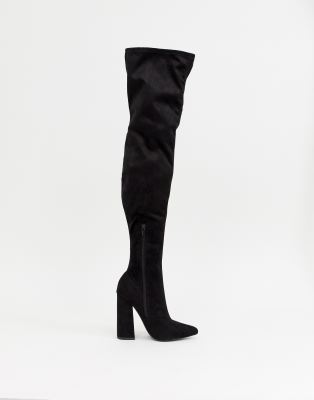 black over the knee flared heel boots