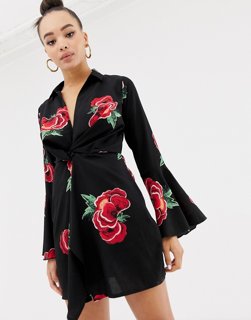 Missguided flared sleeve tux mini dress in black floral-Multi