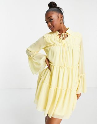 Missguided floaty smock dress with frill detail in yellow