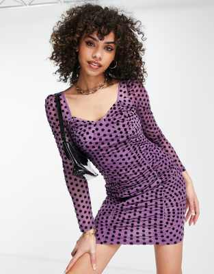 Missguided flocked spot milkmaid ruched dress in purple