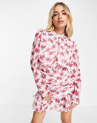 Missguided floral key hole detail mini dress in pink