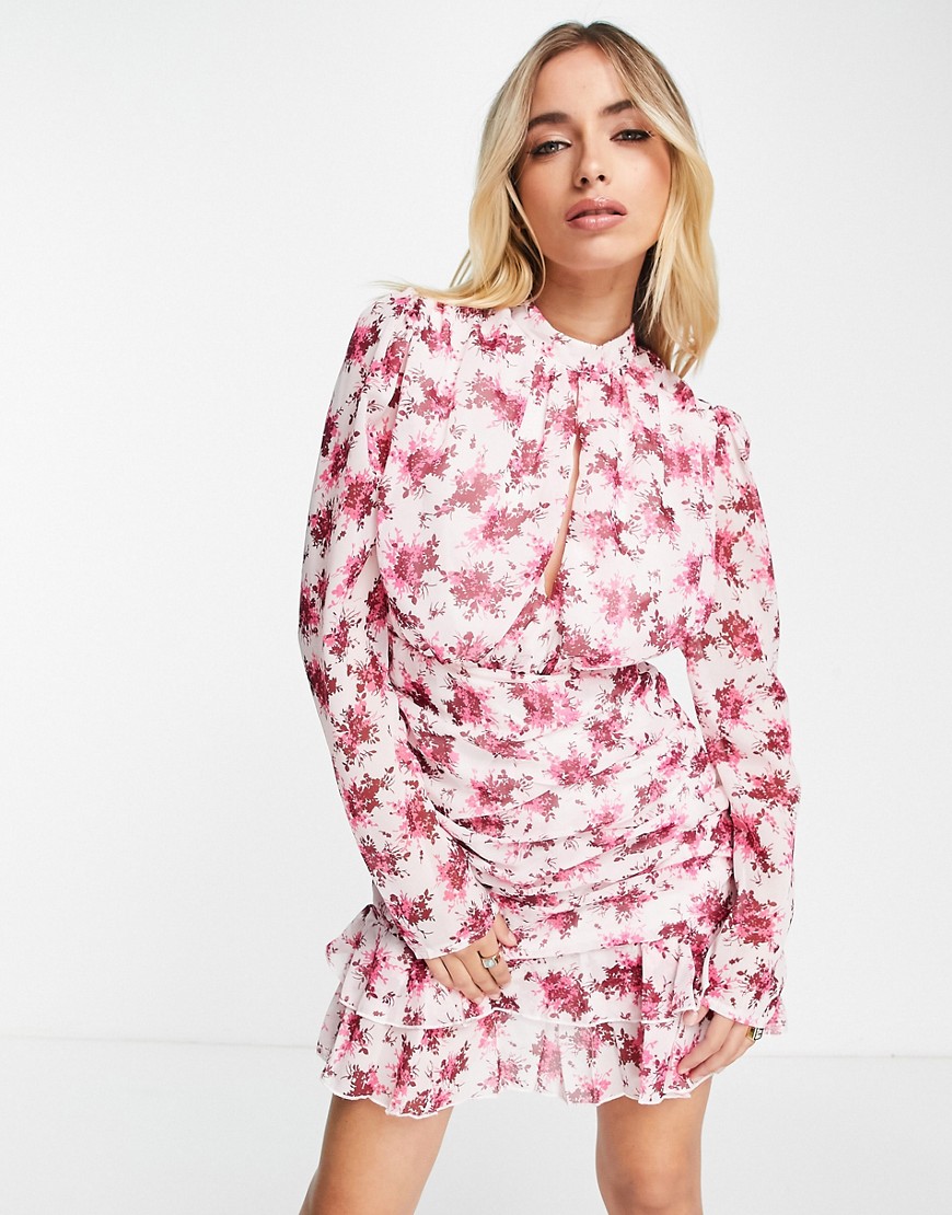 missguided floral key hole detail mini dress in pink