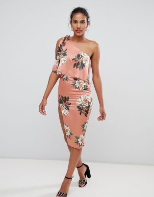 Missguided floral one shoulder midi dress-Multi