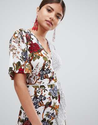 missguided floral & polka dot wrap tea dress
