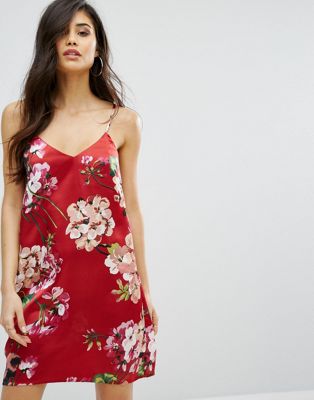 red floral slip dress