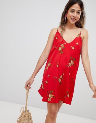 red floral swing dress