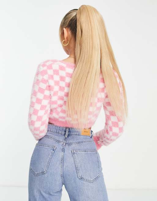 Missguided fluffy checkerboard cardigan in pink ASOS