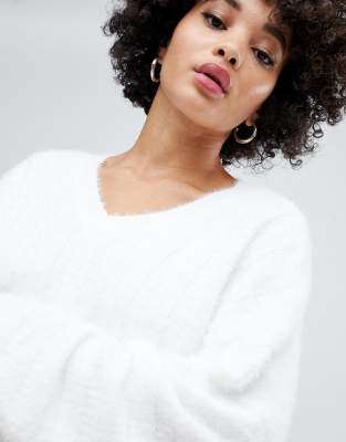 white fluffy v neck jumper