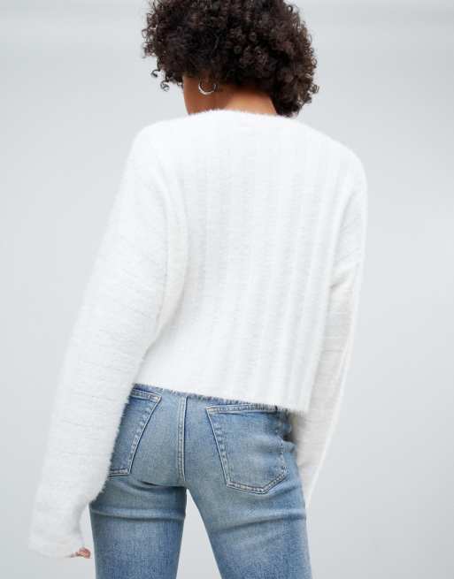 Missguided fluffy ribbed v neck sweater in white ASOS