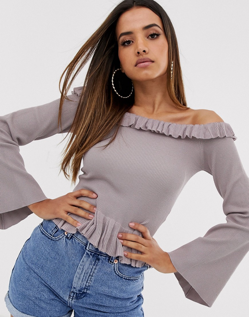 Missguided frill bardot top with flared sleeves-Purple
