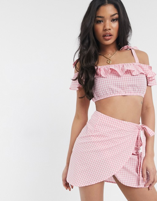 Missguided frill crop and skirt set in pink gingham