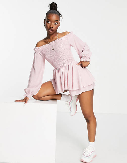 Jumpsuits & Playsuits Missguided frill detail bardot shirred playsuit in pink 