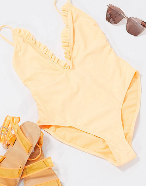 Missguided frill detail swimsuit in peach