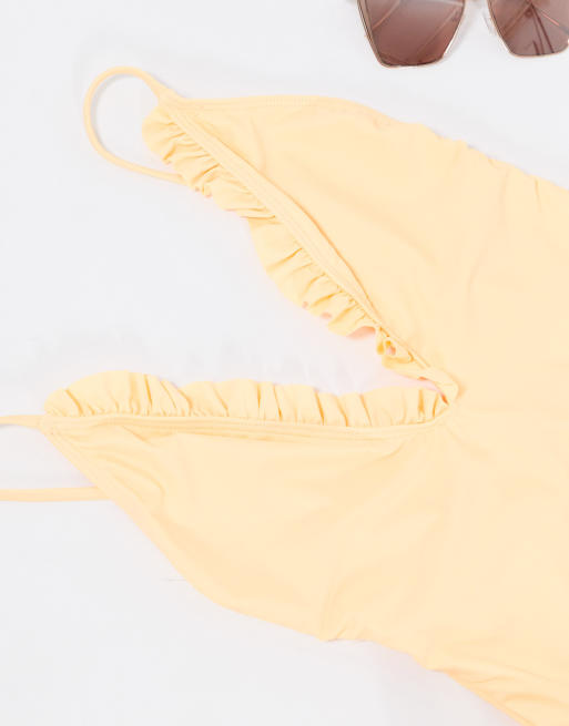 Missguided frill detail swimsuit in peach, 3 of 4