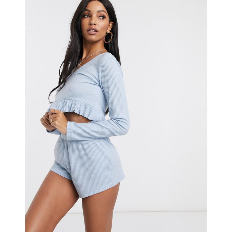 Missguided striped shirt and shorts pyjama set in blue, ASOS