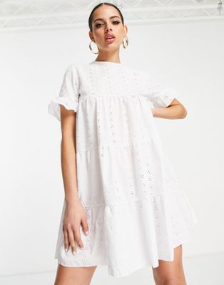 Missguided frill sleeve smock dress in white