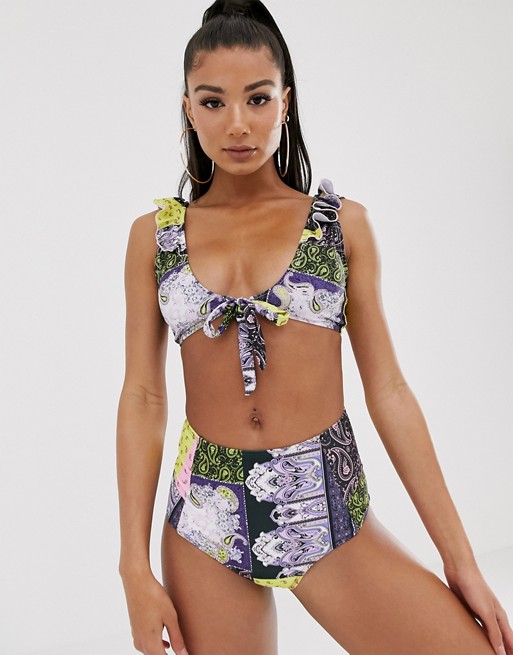 Missguided frill tie front bikini top in mixed tile print