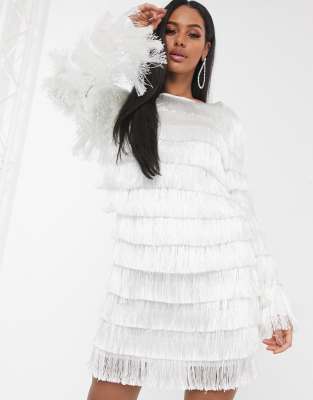 white long sleeve fringe dress