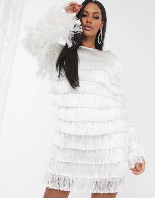 Missguided fringe shift dress in white