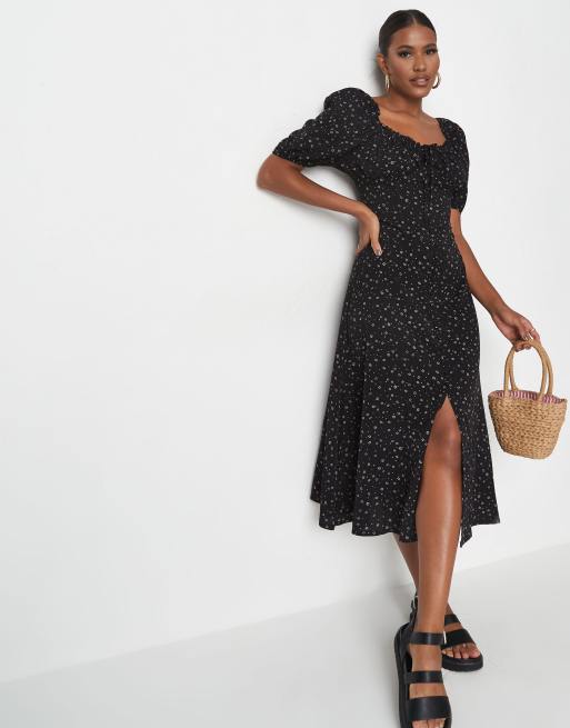 Missguided – Geblümtes Midikleid im Milchmädchenstil in Schwarz