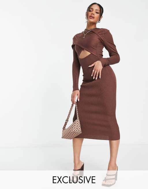 Missguided - Gebreide midi jurk met gekruiste voorkant en uitsnijding in chocoladebruin