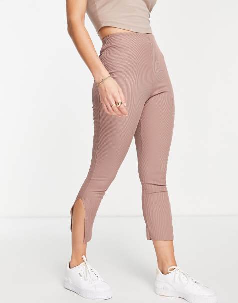 Missguided - Geribbelde legging met split in de zoom in bruin - view 1