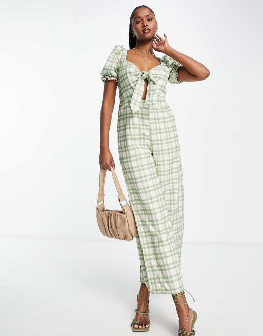 Missguided - Geruite jumpsuit met gestrikte voorkant in groen 