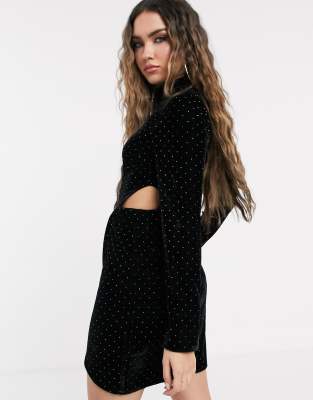 missguided velvet glitter wrap front mini dress in black