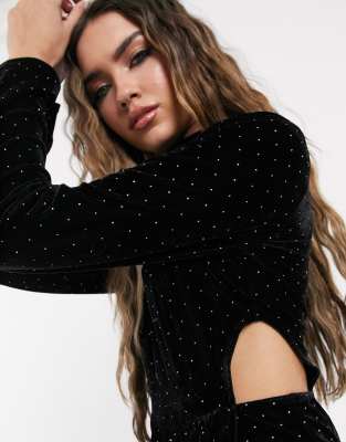 missguided velvet glitter wrap front mini dress in black