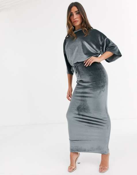 Missguided – Grauer Samt-Maxirock, Kombiteil