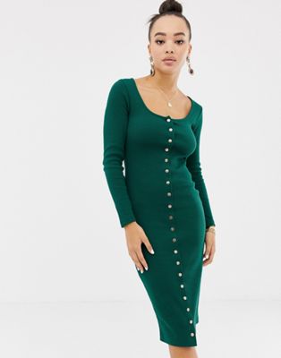 Missguided – Grön, halvlång bodycon-klänning med tryckknappar