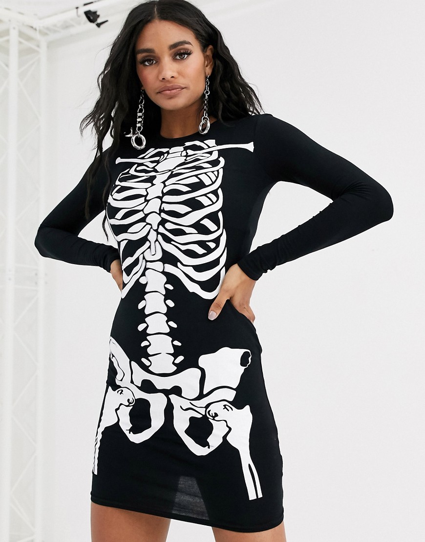 Missguided — Halloween-kjole med skeletprint-Sort