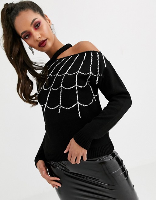Missguided halloween knitted cut out jumper with spider web in black